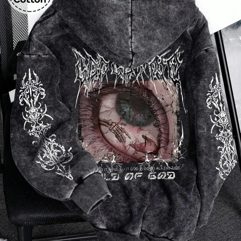 Men's Cotton Zipper Hoodie, Eye Pattern Print, Loose Fit Casual Long Sleeve Sweatshirt, Fashionable Spring & Fall Pullover Top, Casual Hooded Sweatshirt