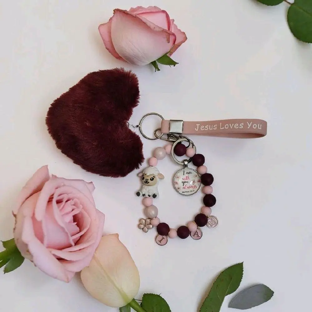 Jesus Sheep Keychain with Heart-Shaped Plushie, "I Am Always With You" Inspirational Accessory, Pink and Maroon Colors