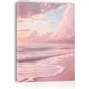 Room Decoration 1 Piece Pink Sky Pink Coast Canvas Wall Art, Brocade Wooden Frame Print, Suitable for Living Room, Bedroom, Office - Men's Party Decoration, Unique Christmas Gift Idea, 11.8x 15.7inch