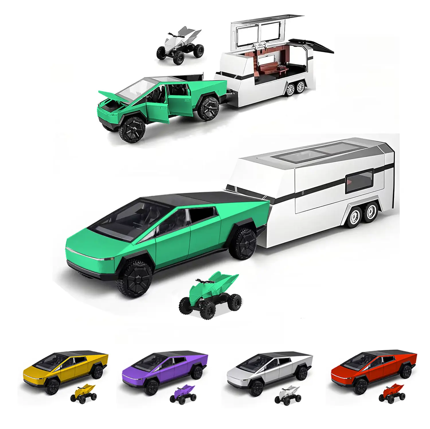 1/32 Alloy Metal 3-in-1 Combo Cybertruck Model Car Toy with Panoramic Sunroof, Built-in Springs, All-Around Interactive Design, Off-Roading RV/Motorcycle/ATV Accessories, Multipack Camping Travel Set, Gift for Kids Ages 6+