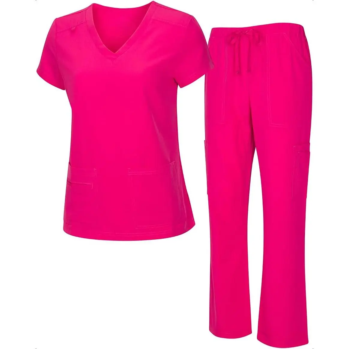 Women's Casual Scrub Set in Regular & Petite Fit, Stretch V-Neck Top & Wide-Leg Cargo Pants with Pockets, Comfortable for Everyday Wear, Stretchy, Workwear