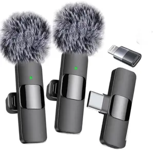2 pcs Wireless Lavalier Microphones for iPhone Android iPad Mini Wireless Clip-on Microphones with Lightning & USB Type-C Adapters Crystal Clear Sound Quality for Recording Live Streaming Vlog