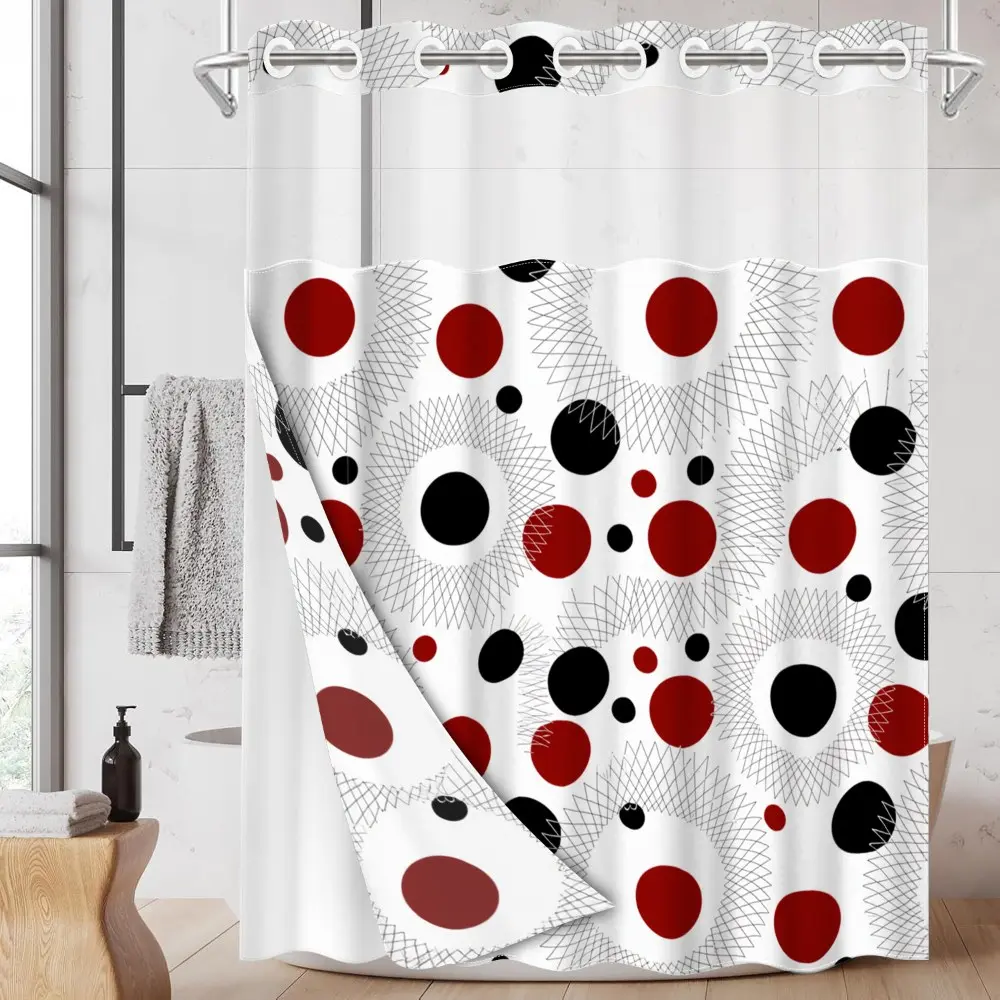 1pc shower curtain no hooks with liner, red, black polka dot geometric pattern design, flat printing, fabric waterproof lining, see-through double-layer shower curtain, Printed shower curtain, 71 x 74 inches, Aesthetic shower curtain, modern home curtain
