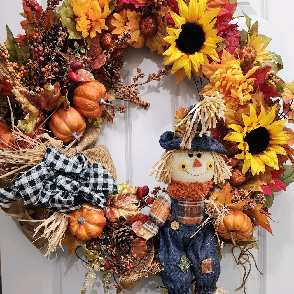 Light Up Fall Scarecrow Grapevine Wreath with Pumpkins Burlap Bow & Autumn Leaves Rustic Farmhouse Door Decor for Seasonal Home Decor