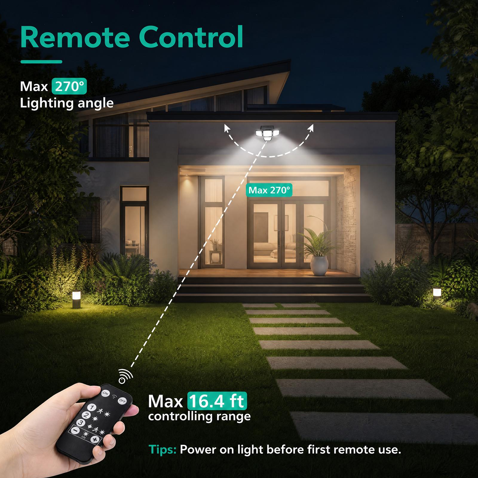 Hoodink Solar Outdoor Wall Light - 4500LM Flood Beam, 306LED 4-Heads Motion Sensor, Remote Control, 270°Wide Angle, IP65 Waterproof, Easy Install, 3 Modes, Solar No Wiring, Adjustable Flood & Spot Lighting, Outdoor Lighting Solutions for Backyard