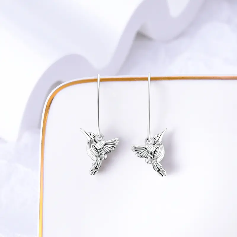 Hummingbird Dangle Earrings 925 Sterling Silver, Detailed Bird Design, Hook Back For Nature Jewelry, Daily Wear Women's Earrings