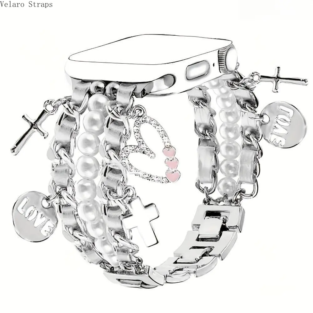 Double Row Pearl Metal Band for Apple Watch, Heart Pendant Bracelet Strap for Women, 38–46mm