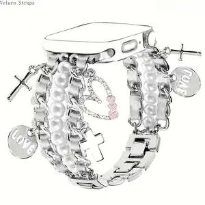 Double Row Pearl Metal Band for Apple Watch, Heart Pendant Bracelet Strap for Women, 38–46mm