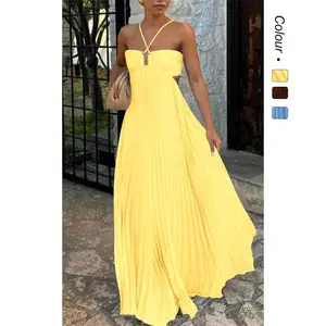 Summer solid color tube top pleated sleeveless suspender dress Casual Collars