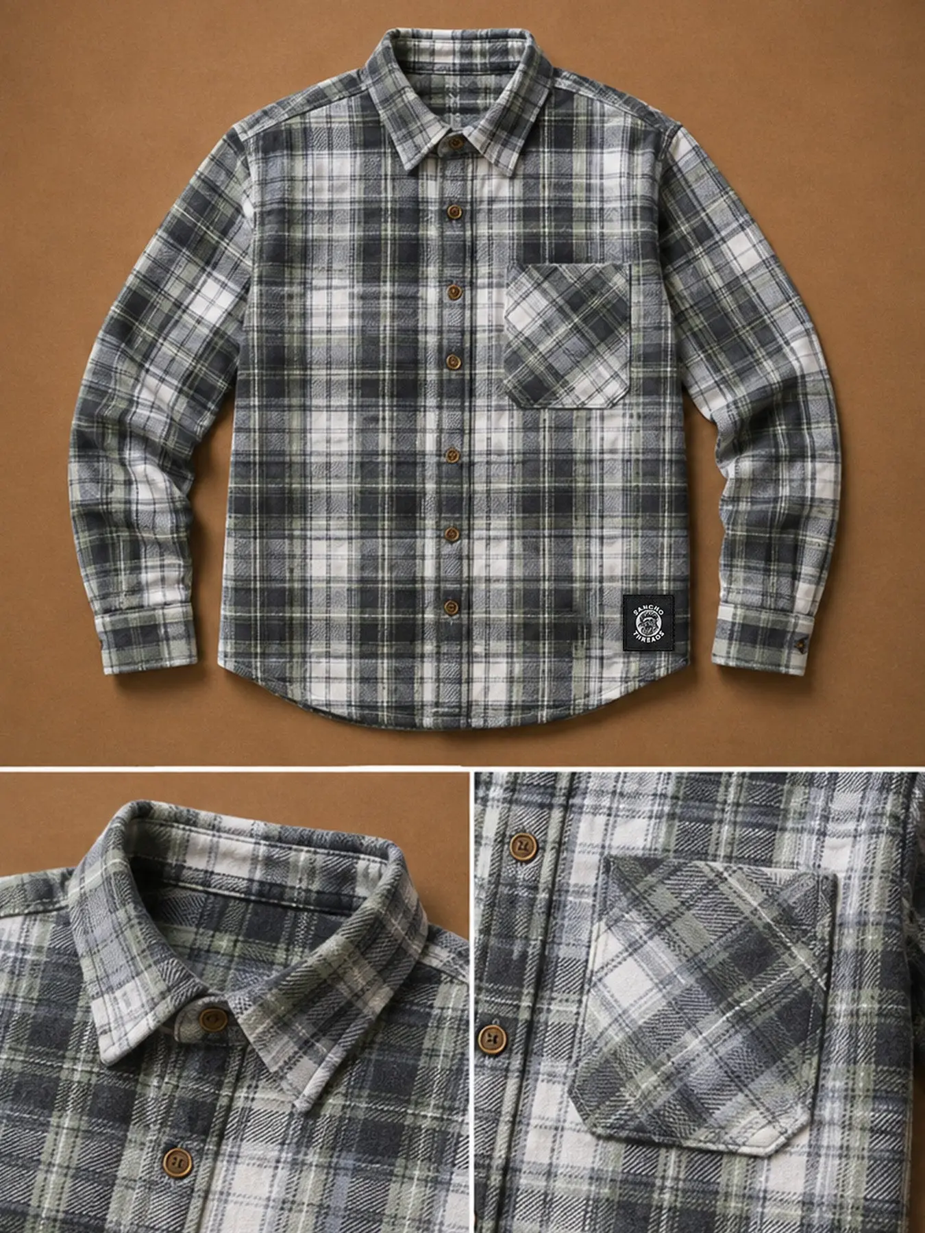 Men's Grey-Green Flannel Button-Down Shirt - Unisex Casual Daily Wear Top