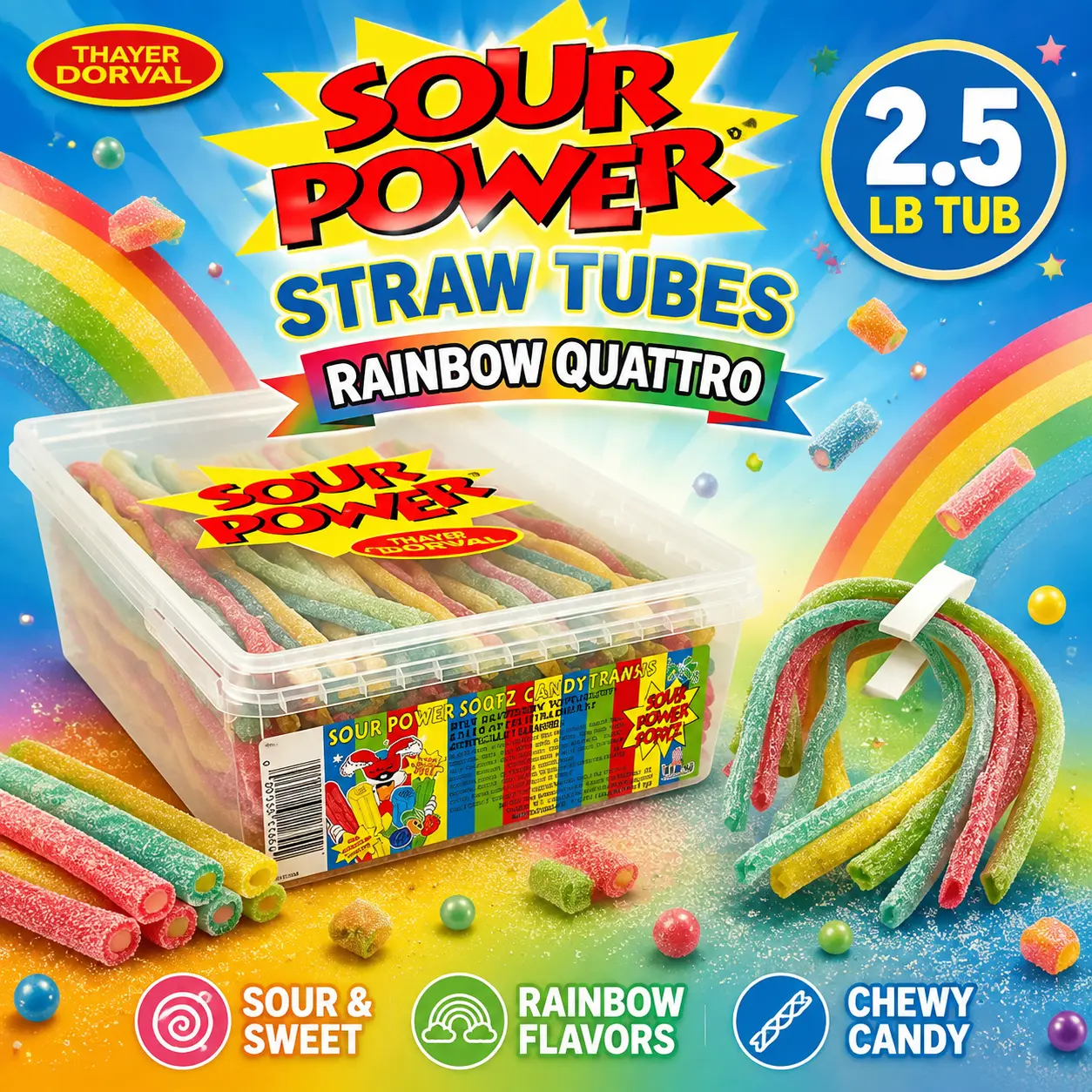 Dorval Sour Power Rainbow Quattro Straw Tubes Candy, 2.5 lb Bulk Tub, Chewy Soft Fruit Snacks & Candies