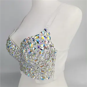 Hand-sewn AB rhinestone tube top, women's shiny sequin belly dance costume, nightclub party stage performance outfit