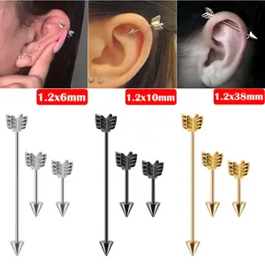 Stainless Steel Arrow Stud Earrings 16g Long and Short Earbone Stud Simple Outer Tooth Tip Cone Industrial Barbell Stud Earrings Ear Bridge