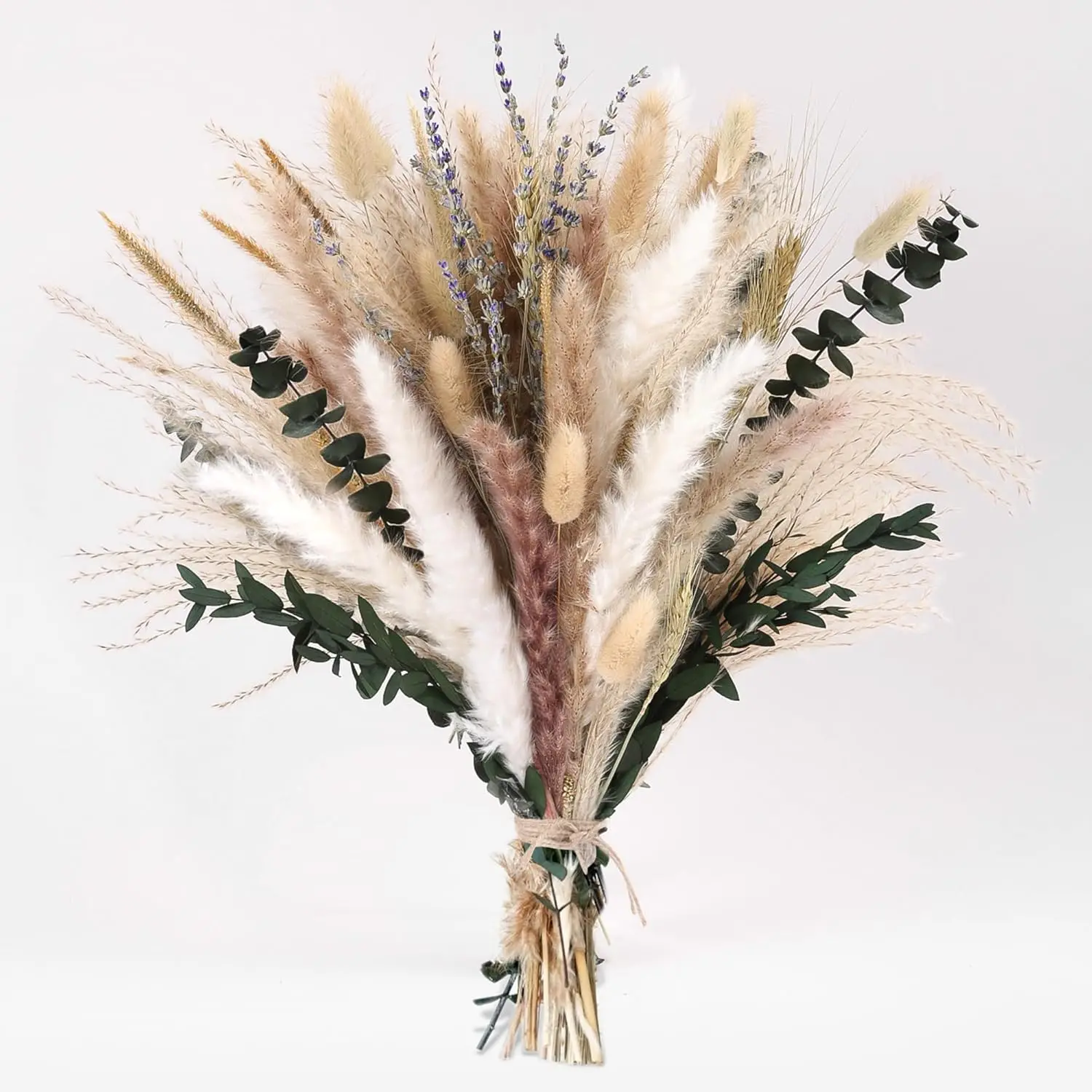 Dried Pampas Grass Bouquet - 92 Pcs 11-13 in Decorative Boho Flowers with Bunny Tails, Eucalyptus & Lavender for Vase, Wedding, Rustic Farmhouse Home Table Decor, Plants
