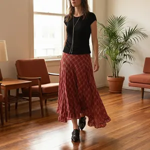 Women's Vintage Two-Tone Plaid Chiffon Skirt — Asymmetrical Ruffled Hem A-Line Skirt — Lightweight, High-Waisted, and Flowy Style