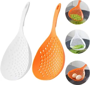 2 Pieces Strainer Scoop Colander Slotted Pasta Spoon Plastic Skimmer Spoon with Handle Food Drain Shovel for Kitchen Cooking, White and Orange 13.8x5.4