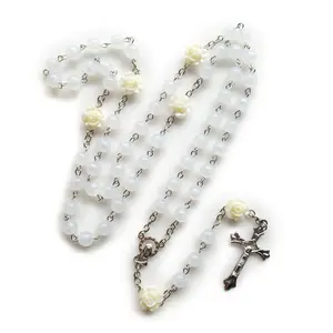 8mm Rosary Beads Flower Luminous Necklace with Jesus for Cross Pendant Necklaces