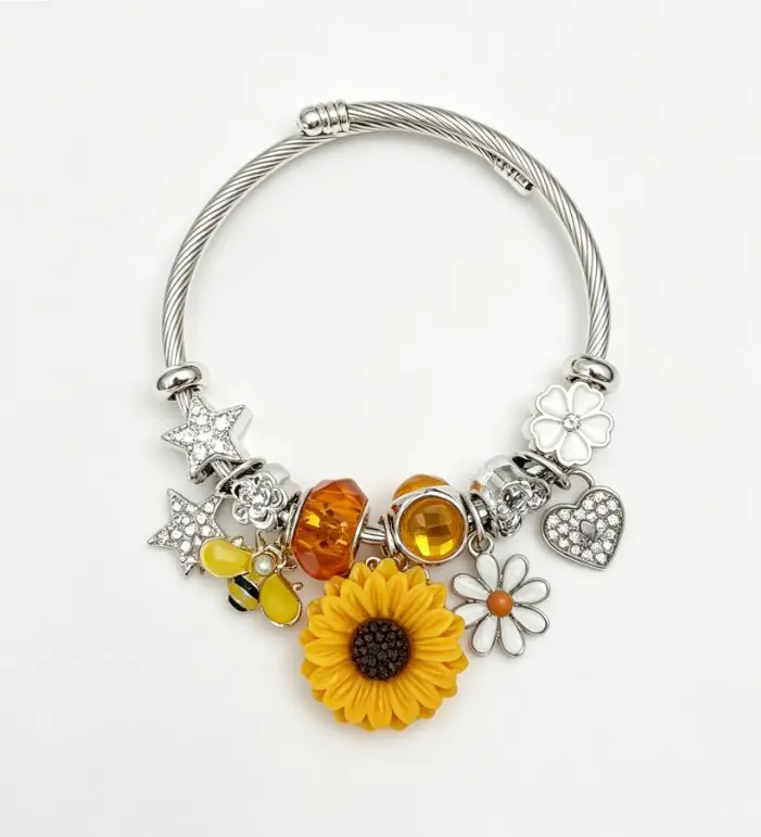Sunflower Bee Charm Open Cuff Bracelet, Adjustable Silver Cable Wire Bangle with Daisy Star Heart Crystal Beads, Floral Insect Themed Jewelry Gift for Women Girls