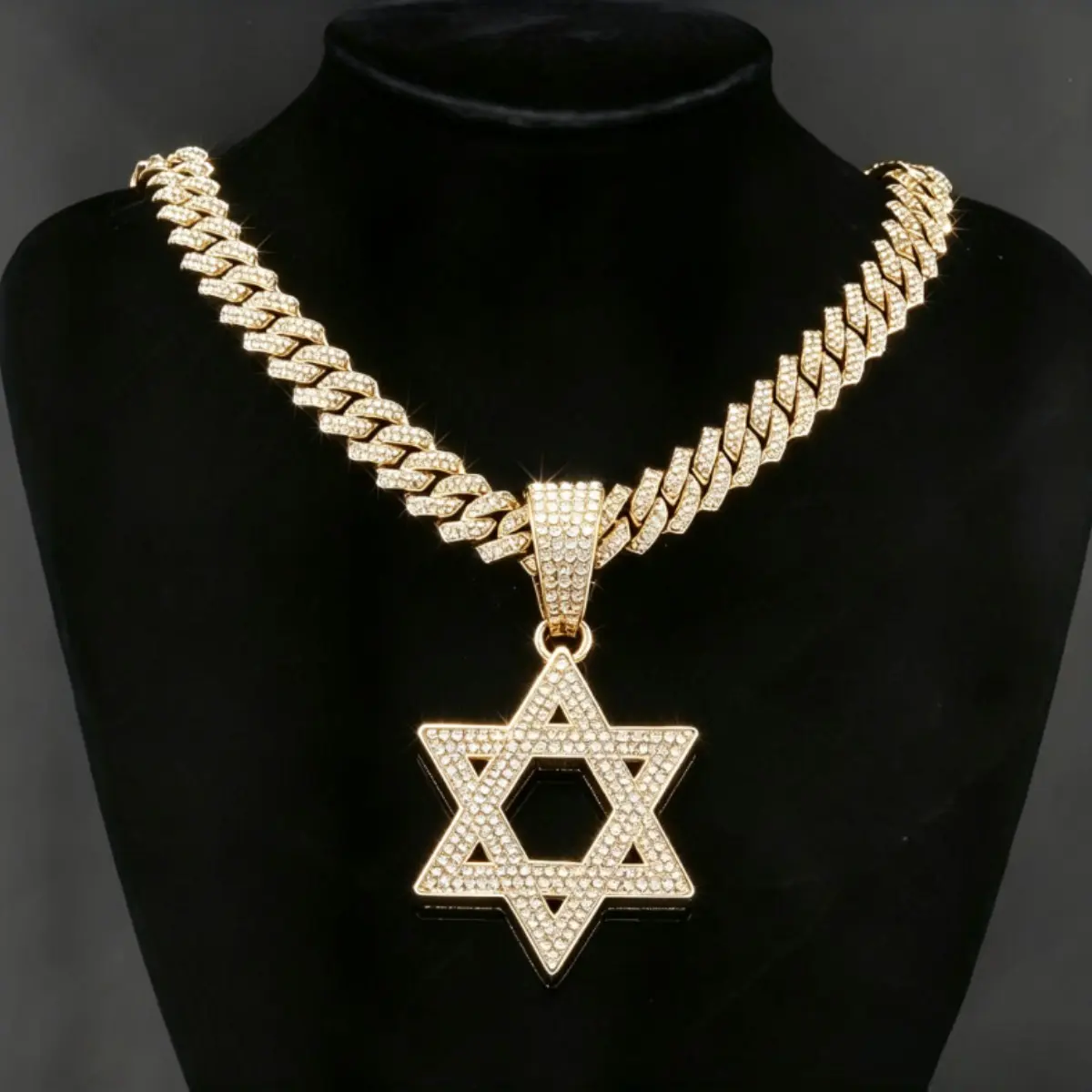 Iced Out Star of David Pendant Necklace Hip Hop Bling Cuban Link Chain Silver Gold Plated Diamond Cut Jewelry for Men Women