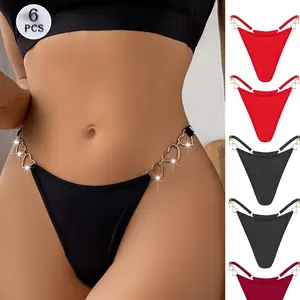 6 Psc Set Heart Metal Decor Glitter Tape Thongs Low Waist Comfy Panty, Women's Lingerie & Underwear Black Red best underwear for women