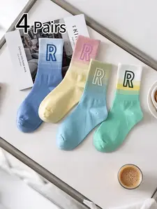 4 Pairs Women's Gradient Tie-Dye Crew Socks, Letter R Couple Sports Fashion Colorful Gradual Matchmaking Crew Socks, Comfortable Soft Breathable Sweat-Absorbing