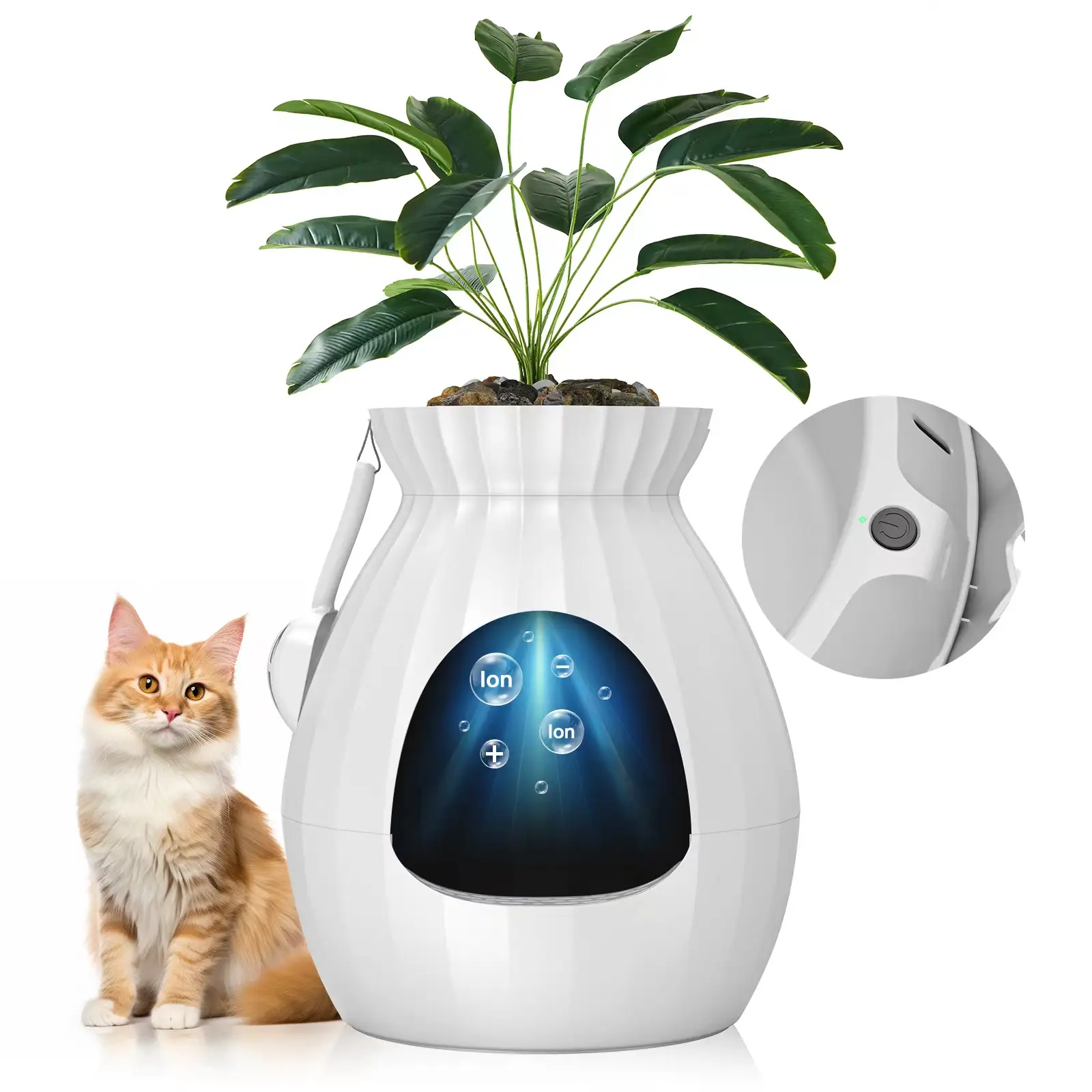 Petterm Upgraded Hidden Litter Box Base Kit, Round Enclosed Cat Litter Box Planter with Artificial Plants and Odor Removal System
