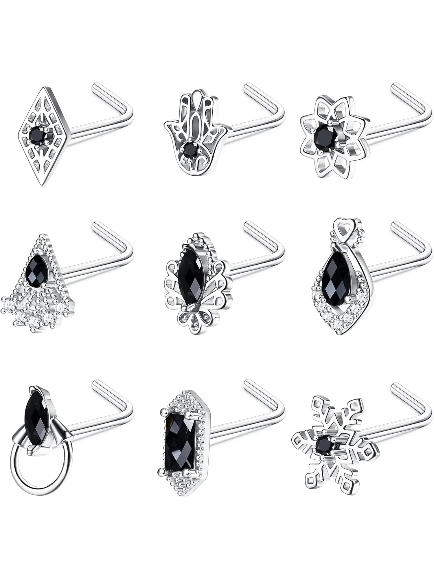 9PCS 20G 316L Stainless Steel Nose Studs for Women Indian Black Stone L-Shape Nose Rings Snowflake Hamsa Flower Rhombus Oval Geometric AAA+ Cubic Zirconia Simple Charm Nose Piercing Jewelry(S)