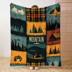 Mountain Cabin Flannel Throw Blanket, Pine Tree & Plaid Patchwork Print Soft Warm Cozy Plush Blanket, Durable for Couch Bed Office, Rustic Cabin Gift & Home Decor