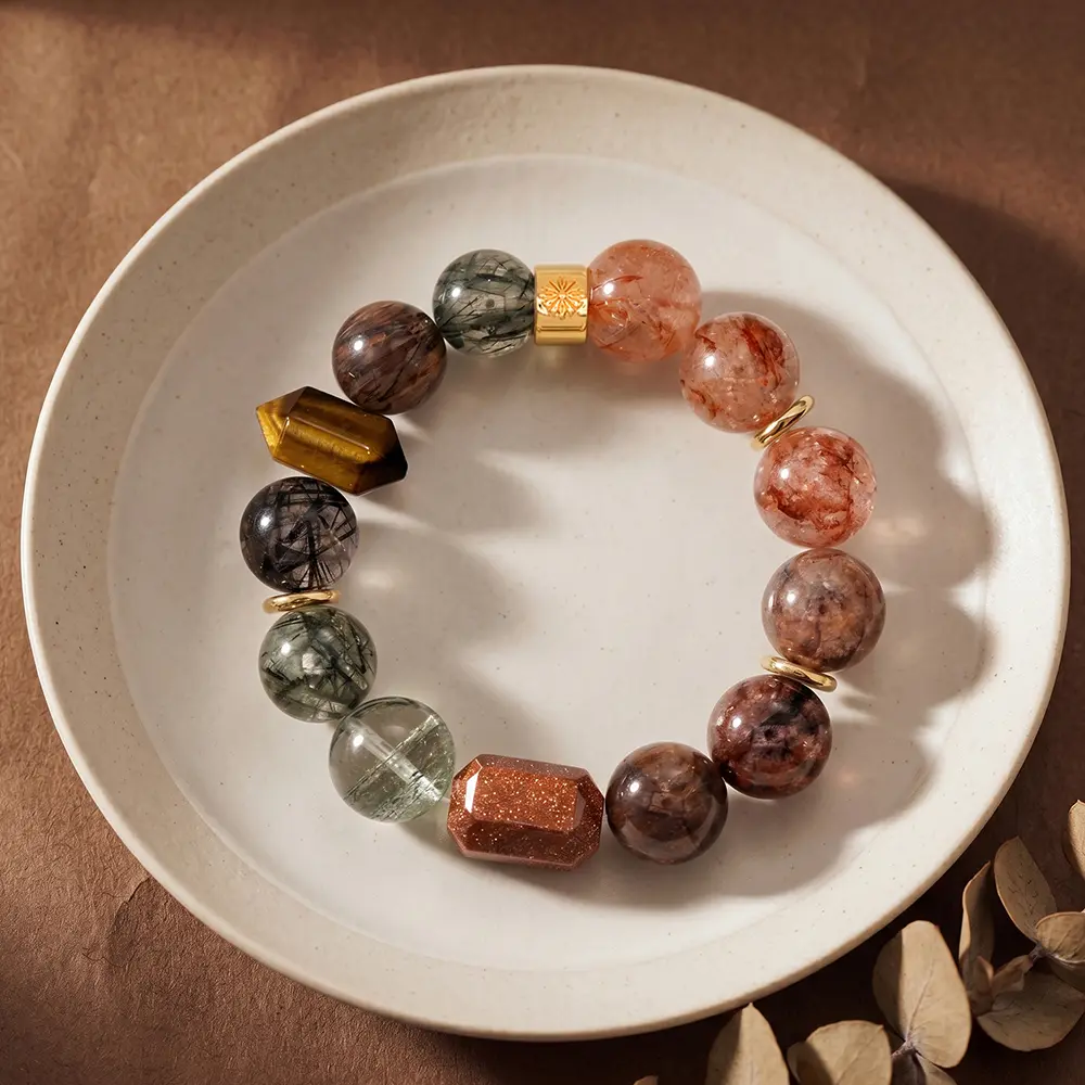 Maple Mixed Crystal Energy Bracelet Chunky Lodolite Tiger's Eye Mixed Phantom Crystal Harvest Earthy Aesthetic Jewelry For Women for Men