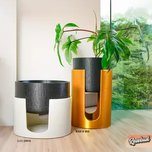 Modern Elevated Planter and Plant Stand Set - 2-Piece Plant Pot with Drainage in Multi Colors & Sizes, Mid-Century Modern Indoor Plant Stand