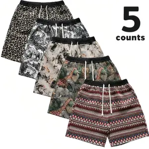 Y2K Men's 5-Pack Printed Shorts Set - Bold Leopard, Animal Print & Ethnic Tribal Patterns - Lightweight Quick-Dry Summer Casual Shorts with Elastic Waist & Drawstring - Streetwear Fashion for Festival, Rave, Beach - XS-XL Sizes