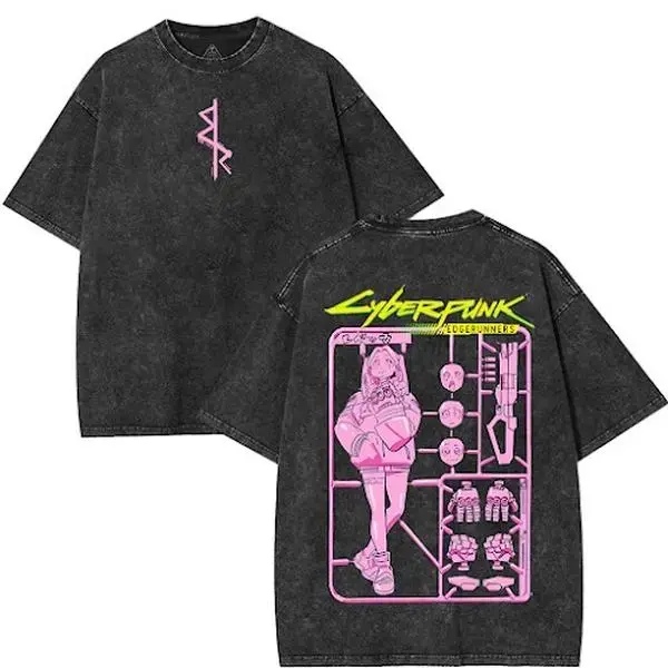 Men's Cyberpunk Edgerunners Lucy Model Kit Graphic T-Shirt - Menswear, Casual, Round Neck, Short Sleeve, Cotton, Vintage Acid Wash Oversized Anime Streetwear Merch