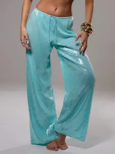 Sequin Low Rise Trousers Vacation Summer Ibiza Fits Elegant Beachwear Boho Casual Rave Festival Party Sparkly Pants Spring Holiday Carnival
