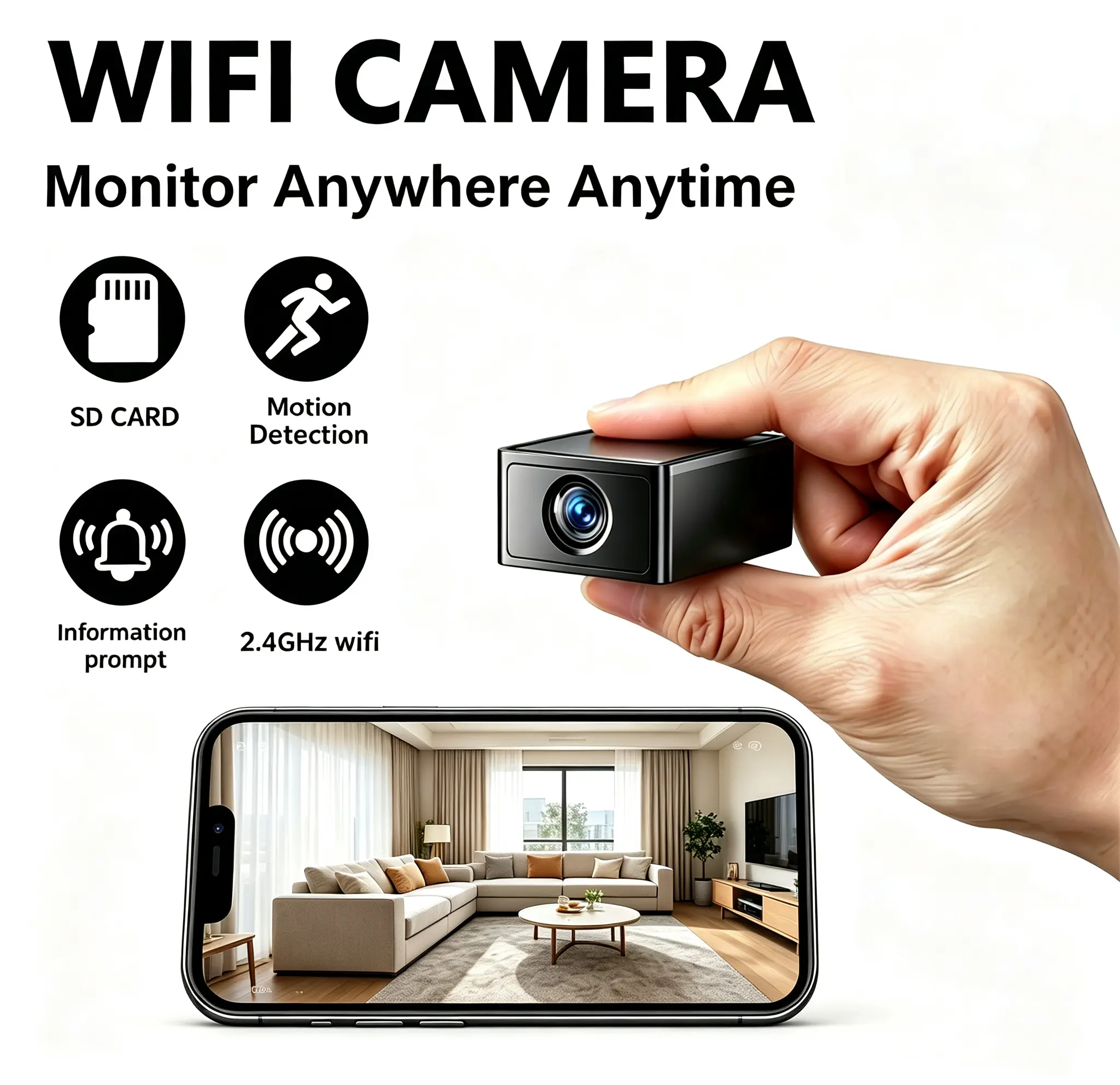 Mini 2.4GHz WiFi IP Camera with Lens, Card & Local Storage, Infrared Night Vision, Motion Alert, 24H Loop Recording, Phone APP Remote Live View, Cloud Backup, Indoor Security Cameras for Baby Monitor