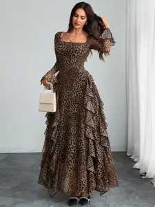 Elegant Women's Leopard Print Party Dress, Fitted Long Sleeve Square Neck Flounce Sleeves, Romantic Two-Layer Design, Perfect for Parties