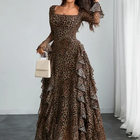 Elegant Women's Leopard Print Party Dress Womenswear, Chic Fitted Long Sleeve Square Neck Flared Flounce Sleeves, Romantic Two-Layer Design, Perfect for Formal Parties Aesthetic, Date Night Outfit