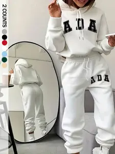 Women's Fashion Casual Loose Hooded Sweatshirt Set, Outfit, Letter Print, Fall & Winter, Thicken Fabric, Regular Length, Comfortable Fit