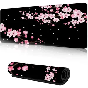 Gaming Mouse Pad with Stitched Edges,Sakura Cherry Blossoms Desk Mat, Extended XL Mousepad with Anti-Slip Base, Cool Desk Pad for Keyboard and Mouse,24''×14''