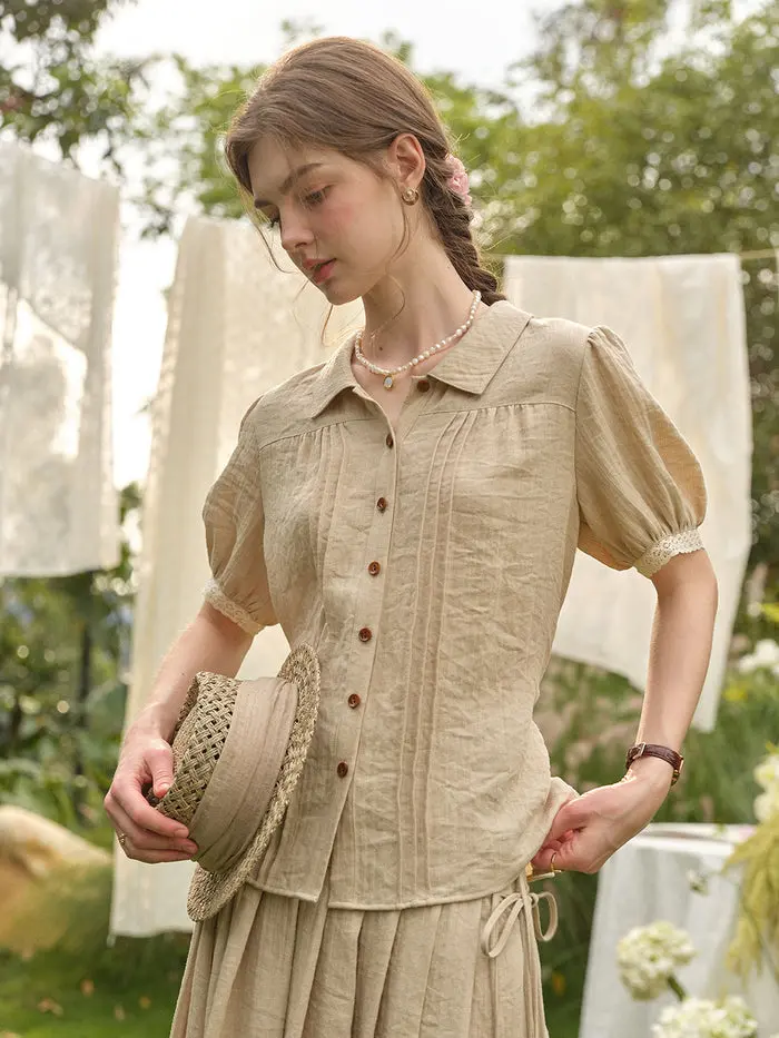 Girls' Beige Lapel Linen Blouse, Casual Kids' Fashion Top