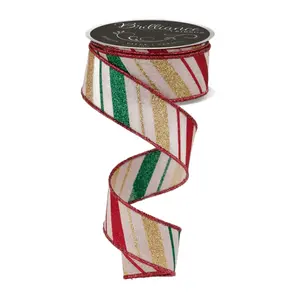1.5" x 10yd Multi Diagonal Stripe Ribbon – Natural, Red, Gold & Emerald