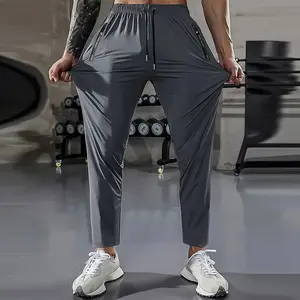 Men's Premium 4‑Way Stretch Ice‑Silk Ankle‑Length Athletic Pants, Luxury Performance Quick‑Dry Drawstring Elastic Waist Jogger Pants with Zipper Side Pockets, Designer Slim‑Fit Breathable Lightweight Training Pants for Gym, Running, Daily Commute, Outdoor