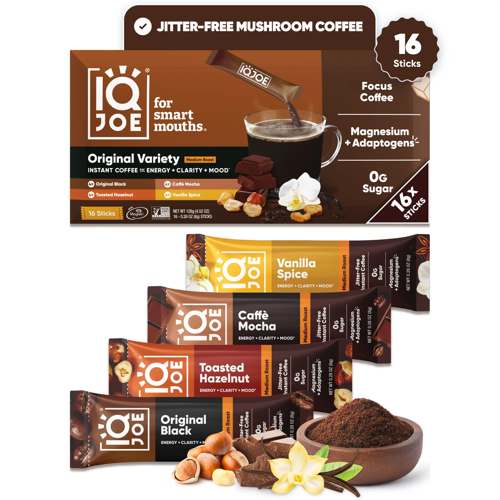 IQJOE Variety Pack (16 Sticks) - Instant Mushroom Coffee Packets with Lion’s Mane - Clarity and Mood Enhancing - Sugar Free, Keto, Vegan, Beverage, Coffee Replacement