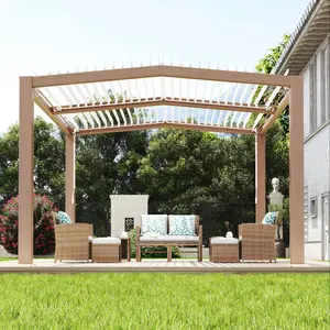 11 x 13 FT Wood Grain Louvered Pergola, Outdoor Hardtop Gazebo with Adjustable Louver Roof, Reinforced Aluminum Frame and Built-In Drainage System for Patio and Deck