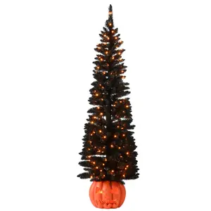 6 ft Halloween Pre-Lit Black Tree with LED Lights, Pumpkin Base, Plug-In