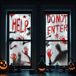 Halloween Window Stickers Set, Blood Handprint Ghost Shadow No Entry Sign, Self-Adhesive Horror Decorations, Easy Peel & Stick