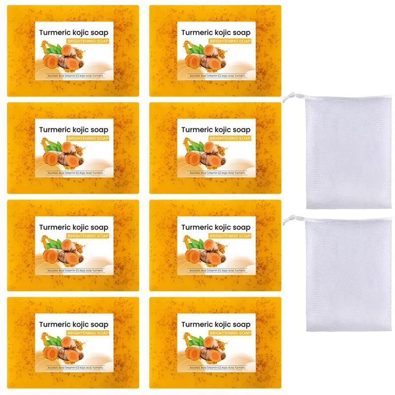 Turmeric Lemon Soap, 8 Counts Deep Cleansing Bathing and Facial Soap with 2 Foaming Nets, Turmeric Brightening Bar, Turmeric Cleansing Soaps, Suitable for Both Men and Women, Cleanser, Skin Care Solution, Body Care Products