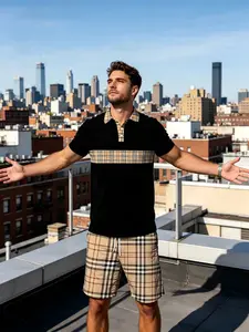 Luxury Men's Plaid Casual Set, Polo Shirt + Plaid Shorts Two-Piece, Stylish and Comfortable Fashion Ensemble for Everyday Wear Outfit