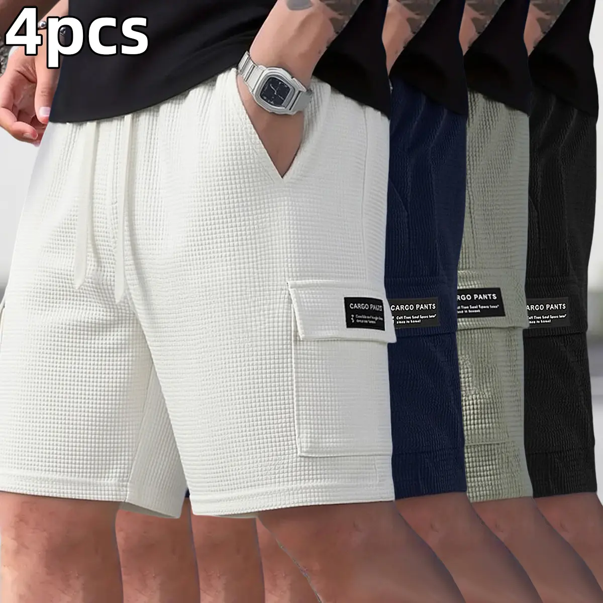Men’s 4-piece set of high-end corduroy shorts—perfect for travel and beach vacations. Casual, comfortable, stylish shorts with pockets; summer casual drawstring waist fashion fitness shorts.