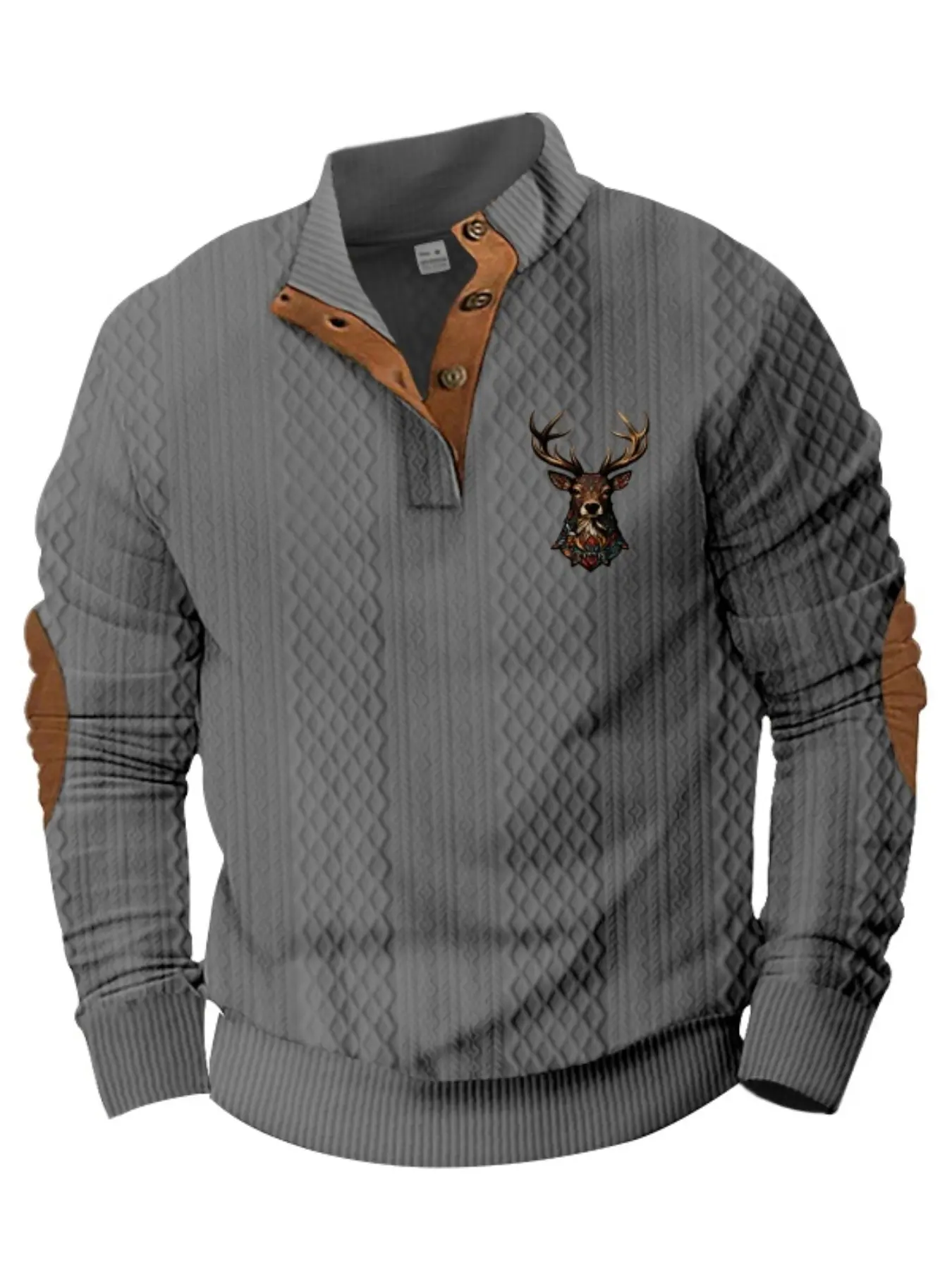 Men's Vintage Henley Sweatshirt, Casual Fashion Sweatshirt, Quilted Texture with Deer Head Print & Elbow Patches, Casual Comfortable Long Sleeve Pullover for Daily/Outdoor Wear, Perfect Christmas Gift