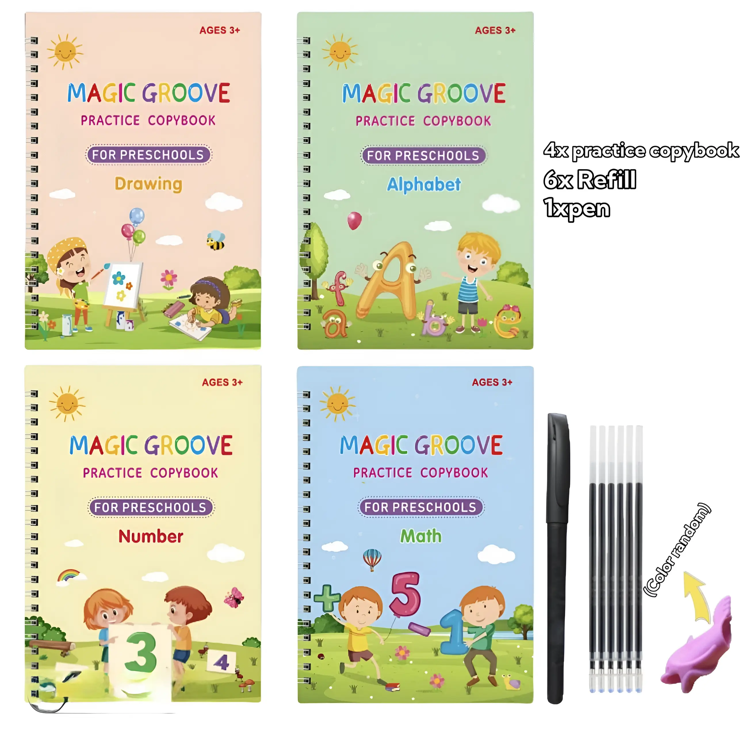 4 Pc Groove Writing Books for Kids , Magic Grooved Practice Copybook, Reusable Grooved Handwriting Workbooks ,Calligraphy Books for Kids Age 3-5